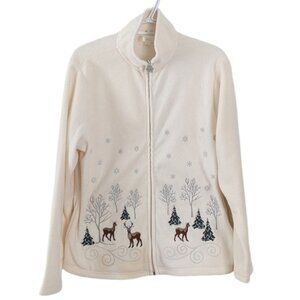 Vintage full zip fleece jacket pull shirt deers forest landscape white beige Lar